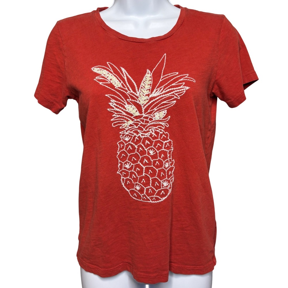 J. CREW Womens Rust Red Pineapple Embroidered Sequin Collector T-Shirt XS Girly